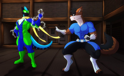 abs anthro battle brawl clothing costume dojo duo electricity fight male mask muscular pose superhero training heroicswordsman23 mythology jack_(alphaleader) syris canid canine dragon mammal mythological_creature mythological_scalie scalie hi_res