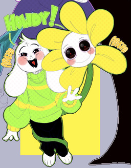 2_horns 4_fingers 4_toes ambiguous_gender anthro barefoot big_eyes black_bottomwear black_clothing black_eyes black_pants blush bottomwear closed_smile clothed clothing dialogue duo eyebrows feet fingers floppy_ears flower front_view fully_clothed fur geometric_background green_clothing green_sweater green_topwear happy horn looking_at_viewer lop_ears male mouth_closed multicolored_clothing multicolored_sweater multicolored_topwear narrowed_eyes open_mouth open_smile pants pattern_clothing pattern_sweater pattern_topwear pink_sclera plant pupils red_pupils red_tongue simple_background smile standing striped_clothing striped_sweater striped_topwear stripes sweater teeth text toes tongue topwear two_tone_clothing two_tone_sweater two_tone_topwear white_body white_fur yellow_clothing yellow_sweater yellow_topwear young young_anthro young_male hornsonhalos undertale undertale_(series) asriel_dreemurr flowey_the_flower boss_monster_(undertale) bovid caprine elemental_creature flora_fauna flower_creature mammal digital_media_(artwork) english_text flat_colors full-length_portrait hi_res portrait signature
