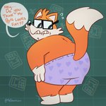 anthro black_nose boxers_(clothing) butt calculator clothing dialogue eyewear fur glasses heart_boxers heart_clothing heart_symbol heart_underwear humanoid_hands looking_back male orange_body orange_fur overweight overweight_male purple_clothing purple_underwear solo speech_bubble text underwear mrdannyloco fivethirtyeight fivey_fox canid canine fox mammal 1:1 2020 english_text