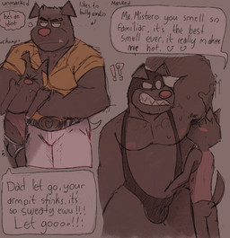 age_difference anthro armpit_fetish armpit_sniffing body_hair bottomless bottomwear briefs brown_body brown_fur bulge chest_hair clothed clothing dialogue duo eyebrow_scar eyebrows facial_scar fur hand_in_underwear larger_male male male/male manly mask mature_male musclegut muscular musk nipples older_male pants scar size_difference smaller_male sniffing speech_bubble sports_mask sportswear text underwear wrestling_mask wrestling_singlet younger_male bowserboy101 alberto_(bowserboy101) emilio_(bowserboy101) canid canine canis domestic_dog mammal english_text hi_res accidental_incest_(lore) father_(lore) father_and_child_(lore) father_and_son_(lore) incest_(lore) parent_(lore) parent_and_child_(lore) parent_and_son_(lore) son_(lore)