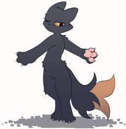 3_fingers 3_toes :< ambiguous_gender anthro arm_tuft belly_tuft big_ears big_eyes big_tail black_body black_ears black_fur black_nose black_tail cheek_tuft claws dancing digitigrade dipstick_tail dirt facial_tuft feet finger_claws fingers fluffy fluffy_tail fur handpaw head_tuft horn leg_tuft looking_at_viewer low_framerate markings one_eye_closed orange_eyes orange_sclera orange_tail_tip pawpads paws pink_pawpads pupils short_snout shoulder_tuft simple_background slit_pupils solo standing tail tail_markings tail_motion tailwag toe_claws toes tuft white_background white_claws teppuko casualties:_unknown gunsaw canid canine expie_(gunsawian) gunsawian hybrid mammal 2d_animation animated frame_by_frame
