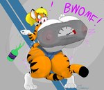 anthro big_breasts blush breast_expansion breasts clothing expansion female huge_breasts hyper hyper_breasts solo zixxxous tabytha_starling felid mammal pantherine tiger hi_res