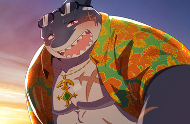 aloha_shirt anthro belly blush clothing eyewear eyewear_on_head jewelry looking_at_viewer male musclegut muscular necklace pattern_clothing pattern_shirt pattern_topwear pecs scar shirt smile solo sunglasses sunglasses_on_head sunset topwear suna_sand1 lifewonders tokyo_afterschool_summoners typhon_(tas) aquatic fish shark absurd_res hi_res