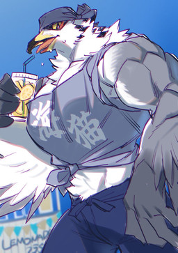 anthro bandanna_on_head beak beverage black_eyes blue_background blue_clothing bodily_fluids bottomwear clothing container countershading cup feather_hands feathers food fruit glass glass_container glass_cup grey_body holding_object kerchief lemon lemonade looking_at_viewer male midriff multicolored_beak multicolored_body muscular muscular_male neck_tuft pants plant pupils shirt simple_background solo sweat sweatdrop tank_top text tied_shirt tongue topwear tuft white_body white_feathers white_pupils wings yellow_sclera 1boshi avian bird gull lari larid digital_drawing_(artwork) digital_media_(artwork) japanese_text painting_(artwork) shaded