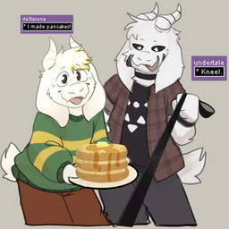 alternate_form anthro black_sclera blonde_hair choker clothing duo floppy_ears food fur hair horn jewelry leash leashed_viewer male necklace pancake smile sweater topwear white_body white_fur pop2hotzz deltarune undertale undertale_(series) asriel_dreemurr asriel_dreemurr_(god_form) bovid caprine goat mammal