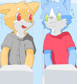 anthro blue_body blue_fur clothed clothing duo fur green_eyes looking_at_another looking_down male open_mouth peeing peeing_together red_eyes shota text toilet_use tongue urinal urinal_peeking young young_anthro young_male dog_(artist) canid canine canis domestic_dog mammal absurd_res hi_res