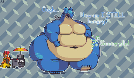1_horn anthro anthrofied belly belly_overhang big_belly big_breasts blue_background bodily_fluids bottom_heavy breasts deep_navel duo embarrassed fat_arms featureless_breasts feet female female_focus food food_stand frown hand_on_belly hand_on_own_belly horn hot_dog hot_dog_stand huge_belly huge_hips huge_thighs hungry looking_at_own_belly male morbidly_obese morbidly_obese_anthro morbidly_obese_female navel nervous nude obese obese_anthro obese_female onomatopoeia open_frown open_mouth overweight overweight_anthro overweight_female pattern_background pokemorph rumbling_stomach self-conscious shell simple_background solo_focus sound_effects standing sweat sweatdrop talking_to_self text thick_thighs wide_hips jellybru nintendo pokemon aquatic generation_1_pokemon generation_5_pokemon lapras pokemon_(species) scrafty 2024 digital_media_(artwork) english_text pixel_(artwork) signature