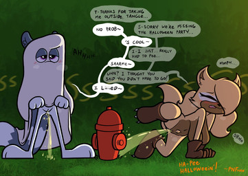 anthro barefoot bed_sheet bedding bedsheet_ghost big_breasts blush blush_lines bodily_fluids breasts breath brown_body brown_fur casual_nudity claws clothed clothing clothing_lift costume dialogue duo exhibitionism eyes_closed feet female female/female female_anthro fire_hydrant footies fur genital_fluids genitals gloves grey_body grey_fur handwear hiked_leg holidays mostly_nude partially_clothed_anthro partially_clothed_female paws peeing peeing_on_fire_hydrant plantigrade public public_nudity public_urination purple_eyes raised_leg relieved speech_bubble steam text toe_claws toes urine urine_stream vulva watersports whispering theenfman thepnfman halloween idw_publishing sega sonic_the_hedgehog_(comics) sonic_the_hedgehog_(idw) sonic_the_hedgehog_(series) tangle_the_lemur whisper_the_wolf canid canine canis lemur mammal primate ring-tailed_lemur strepsirrhine wolf english_text hi_res