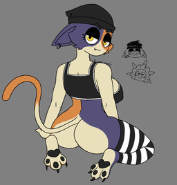 anthro beanie big_breasts big_butt black_beanie black_claws black_clothing black_hat black_headwear black_legwear black_thigh_highs black_topwear bottomless breasts butt cat_smile cheek_tuft claws clothed clothing ear_piercing ears_down eyelashes facial_tuft feet female fur grey_background hat headgear headwear legwear looking_at_viewer looking_back looking_back_at_viewer multicolored_body multicolored_fur orange_body orange_fur pattern_clothing pattern_legwear pattern_thigh_highs pawpads piercing pivoted_ears purple_body purple_fur simple_background smile snaggle_tooth solo striped_clothing striped_legwear striped_thigh_highs stripes tan_body tan_fur thick_thighs thigh_highs topwear tuft white_clothing white_legwear white_thigh_highs wide_hips yellow_eyes sinnercasty epic_games fortnite meow_skulls domestic_cat felid feline felis mammal
