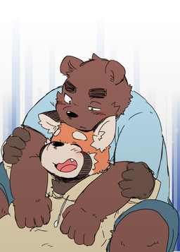 anthro barazoku black_nose blush bottomwear clothing duo eyes_closed hoodie hug humanoid_hands male overweight overweight_male shorts simple_background sitting topwear kotadash ailurid bear mammal red_panda 2015
