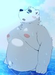 anthro belly big_belly blush cloud detailed_background eyes_closed kemono male moobs navel nipples outside overweight overweight_male solo water menmen_kesinn bear mammal polar_bear ursine 2024