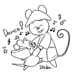 biped chibi clothing dancing duo exclamation_point eyes_closed hat headgear headwear musical_note musical_symbol simple_background smile symbol text white_background sangobouro gamba_no_bouken gamba_no_bouken_(series) chuuta shijin mammal mouse murid murine rodent hi_res monochrome