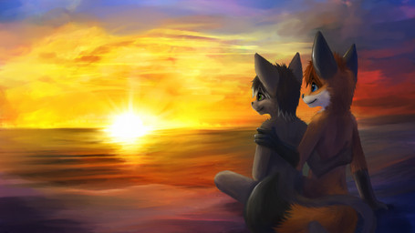 anthro beach cloud dipstick_tail duo fur horizon male markings outside romantic romantic_ambiance romantic_couple seaside sky sunset tail tail_markings thanshuhai canid canine domestic_cat felid feline felis fox mammal 16:9 2012 digital_media_(artwork) digital_painting_(artwork) hi_res painting_(artwork) widescreen