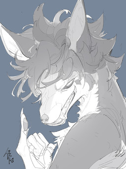 5_fingers ambiguous_gender anthro black_sclera claws countershade_face countershade_fur countershade_torso countershading dark_body dark_fur dark_hair eye_markings eyebrows fangs finger_claws fingers fur gesture grey_background light_body light_eyebrows light_fur looking_at_viewer markings mouth_closed pawpads raised_finger raised_pinky simple_background snarling solo teeth white_eyes chiayeeee kirelons_(character) canid canine canis mammal wolf 2023 absurd_res bust_portrait digital_drawing_(artwork) digital_media_(artwork) hi_res portrait signature male_(lore)