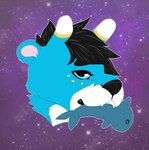 ambiguous_gender black_hair blue_body blue_eyes blue_fur button_(fastener) button_eyes cosmic_background fur galaxy hair horn pet_toy pet_toy_in_mouth plushie solo starry_background white_body white_fur crystalwhisker alien fish mammal marine mustelid otter