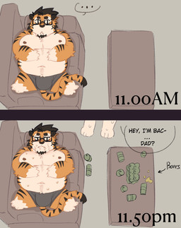 anthro beverage_can big_bulge big_moobs big_muscles big_pecs black_hair black_stripes bottomwear bulge chibi clothed clothing dialogue duo eyewear fur furniture glasses hair huge_moobs huge_pecs lying male markings mature_male moobs musclegut muscular muscular_anthro muscular_male nipples on_back on_sofa orange_body orange_fur pecs pupils rectangular_glasses shorts shorts_only slit_pupils sofa solo striped_body striped_fur stripes tail text topless topless_anthro topless_male white_body white_fur king_slabu shilpa_suvanmas tantai_suvanmas bengal_tiger felid mammal pantherine tiger comic digital_media_(artwork) english_text hi_res father_(lore) father_and_child_(lore) father_and_son_(lore) parent_(lore) parent_and_child_(lore) parent_and_son_(lore) son_(lore)