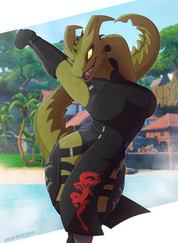 anthro big_breasts black_clothing black_gloves black_handwear breasts clothing curvy_figure eyelashes female gloves green_body handwear horn lips looking_at_viewer pose scales smile solo tail teeth thick_thighs tongue wide_hips leo-wolf epic_games fortnite mythology synthesis_(fortnite) dragon mythological_creature mythological_scalie scalie absurd_res digital_media_(artwork) hi_res