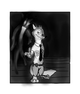 anthro camera_flash clothed clothing dark duo male nightmare_fuel photo pose shadow smile zalgo_(artist) disney zootopia nick_wilde canid canine fox ghost mammal red_fox spirit true_fox unknown_species 2016 monochrome