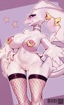 anthro big_breasts big_butt breasts butt clitoris clothed clothing collar ear_piercing female fishnet_clothing fishnet_legwear front_view fur genitals legwear looking_at_viewer nipple_piercing nipples partially_clothed piercing pink_body pink_fur pink_nose plump_labia simple_background smile solo standing thick_thighs topless vulva wide_hips conditional_dnp zoyler nintendo pokemon generation_5_pokemon legendary_pokemon pokemon_(species) reshiram 2014 digital_media_(artwork) hi_res portrait