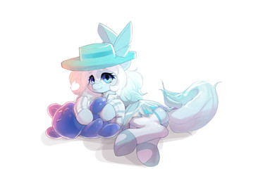 ambiguous_feral ambiguous_gender blue_body blue_eyes blue_highlights bottomwear closed_smile clothing feral front_view hair hat headgear headwear highlights_(coloring) hooves legwear long_hair looking_at_viewer lying monotone_body monotone_hair mouth_closed on_side pattern_clothing pattern_topwear plushie quadruped simple_background skirt smile solo stockings striped_clothing striped_topwear stripes sun_hat teddy_bear topwear unguligrade wavy_hair white_background white_hair lunargent hasbro my_little_pony earth_pony equid equine horse mammal pony 2026 absurd_res digital_drawing_(artwork) digital_media_(artwork) hi_res light_theme shaded soft_shading