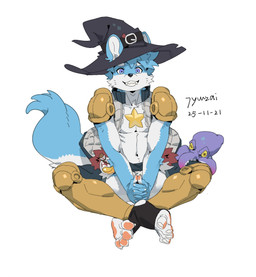 ambiguous_gender anthro armor athletic athletic_male biped blue_body blue_eyes blue_fur clothed clothing covering covering_crotch duo feral front_view fur hair hat headgear headwear male multicolored_body multicolored_fur no_underwear partially_clothed potion_bottle purple_body simple_background sitting smile tail teeth two_tone_body two_tone_fur white_background witch_hat yellow_eyes jyuuzai aquatic canid canine canis cephalopod coleoid mammal mollusk octopodiform octopus wolf hi_res