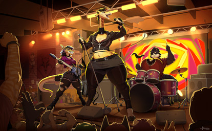 anthro big_breasts black_body black_fur black_hair bottomwear breasts brown_hair cleavage clothed clothing drum drum_set ear_piercing ear_ring electric_guitar eyebrow_piercing eyebrow_ring eyes_closed facial_piercing female fur group guitar hair highlights_(coloring) hooves hotpants huge_breasts inside large_group leggings legwear long_hair midriff multicolored_body multicolored_fur musical_instrument open_mouth percussion_instrument piercing plucked_string_instrument purple_highlights ring_piercing shorts singing standing string_instrument tan_body tan_fur teeth thick_thighs tongue torn_clothing torn_legwear two_tone_body two_tone_fur white_body white_fur wide_hipped_anthro wide_hipped_female wide_hips mainlinemojo haley_(integ) kim_(integ) rylie_(integ) bear giant_panda giraffe giraffid kangaroo macropod mammal marsupial procyonid raccoon 2024 absurd_res digital_media_(artwork) hi_res signature