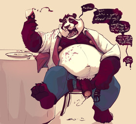 accessory alcohol anthro balls belly beverage big_belly blue_bottomwear blue_clothing blue_pants bodily_fluids bottomwear brown_balls brown_body brown_fur brown_hair brown_penis clothed clothing container cup drinking_glass drunk foreskin front_view fur furniture genital_fluids genitals glass glass_container glass_cup hair holding_container holding_cup holding_drinking_glass holding_object holding_wine_glass humanoid_genitalia humanoid_penis male moobs narrowed_eyes navel necktie nipples obese obese_anthro obese_male one_eye_closed open_clothing open_mouth open_topwear overweight overweight_anthro overweight_male pants penis precum precum_string red_necktie short_hair simple_background sitting solo speech_bubble substance_intoxication table text topwear white_body white_clothing white_fur white_topwear wine wine_glass chocolateandmilk bear giant_panda mammal 2021 dated english_text hi_res signature