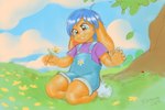 anthro blue_eyes blue_hair clothing cloud flower grass hair male outside plant sitting sky solo tree arthropod beetle cucujoid insect ladybug lagomorph leporid mammal rabbit 2025 3:2 absurd_res hi_res signature