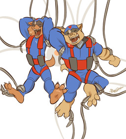 3_toes anthro armor barefoot blue_clothing brown_body brown_fur cheek_tuft claws clothed clothed_anthro clothed_male clothing duo eyes_closed facial_tuft feet fur fur_tuft headgear helmet humanoid_feet laugh male open_mouth open_smile plantigrade robot_arms simple_background smile tail tan_body tan_fur teeth tickle_fetish tickle_torture tickling tickling_armpits tickling_feet tickling_machine toe_claws toes tongue tuft white_background benj24 hanna-barbera swat_kats chance_furlong jake_clawson razor_(swat_kats) t-bone_(swat_kats) domestic_cat felid feline felis mammal hi_res