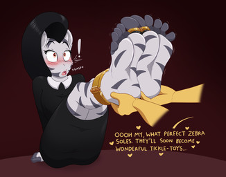 5_toes anthro anthrofied barefoot big_feet black_hair black_toes blush bound bound_toes brown_eyes clothed clothing dialo dialogue disembodied_hand dress duo exclamation_point feet feet_up female foot_fetish foot_focus hair holding_feet humanoid_feet leg_shackles legs_tied plantigrade raised_foot sitting soles solo_focus text toe_cuffs toe_restraints toeless_(marking) toes caroo hasbro my_little_pony fan_character equid equine mammal zebra colored english_text hi_res