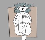 anthro barefoot big_breasts big_butt box breasts butt cardboard cardboard_box container feet female foot_focus fur hair huge_breasts humanoid_feet nude open_mouth plantigrade simple_background solo thick_thighs white_body white_fur dezmine21 undertale undertale_(series) temmie_(undertale) canid canine felid feline mammal tem digital_media_(artwork) hi_res