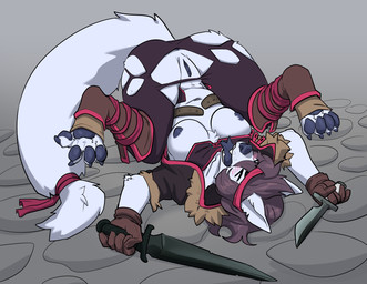 accessory anthro belt blush bottomwear breast_squish breasts claws clothing dagger eyes_closed female forked_tongue genitals hair headband holding_dagger holding_melee_weapon holding_object holding_sword holding_weapon lying medium_breasts melee_weapon nipples on_back open_mouth pants pawpads solo squish stone_floor sword tail thick_thighs tongue torn_clothing vulva weapon wide_hips 6my arctic_wolf canid canine canis mammal wolf 2024 digital_media_(artwork) hi_res