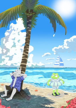 anthro beach black_nose boat bottomwear clothed clothing cloud detailed_background duo eyes_closed footwear green_body kemono open_clothing open_shirt open_topwear outside palm_tree plant sandals seaside shirt shoes shorts sitting sun topwear tree vehicle water watercraft white_body panda_po amphibian canid canine canis frog mammal wolf 2022 hi_res