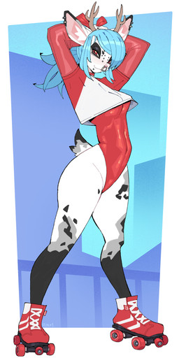 anthro antlers biped black_body black_fur blue_hair breasts bridge_piercing clothing ear_piercing ear_ring eyeshadow facial_piercing female footwear fur grey_body grey_fur hair hands_behind_head horn leotard makeup medium_breasts multicolored_body multicolored_fur multiple_piercings nose_piercing nose_ring piercing quad_skates red_eyes ring_piercing roller_skates septum_piercing septum_ring solo tight_clothing white_body white_fur roly deer mammal 2026 digital_media_(artwork) full-length_portrait hi_res portrait