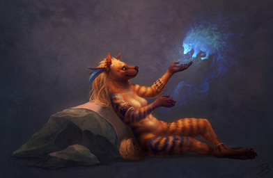 4_toes anthro black_nose blonde_hair breasts claws crossed_legs darkness duo ear_piercing feathers feet female fur green_eyes grey_background hair leg_markings magic markings nude orange_body orange_fur paws piercing pigtails pose rock side_view simple_background sitting socks_(marking) solo_focus tail textured_background toes hanmonster kikivuli ghost hyena mammal spirit striped_hyena 2013 digital_media_(artwork) digital_painting_(artwork) painting_(artwork)