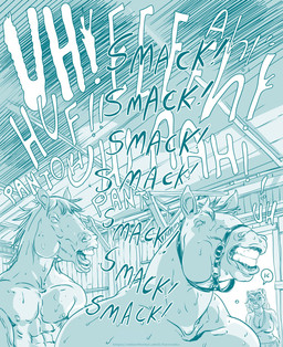 anthro breasts bridle caught_in_the_act cleavage clothed clothing eyes_closed female group hair long_hair male male/male nipples open_mouth shocked stable text topless furronika domestic_pig equid equine horse mammal suid suine sus_(pig) english_text hi_res monochrome