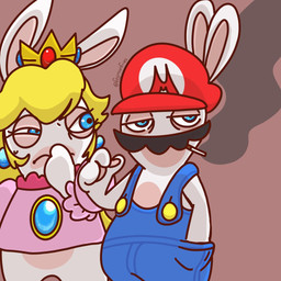 3_fingers anthro arms_bent black_facial_hair black_mustache blonde_hair blue_clothing blue_ear_piercing blue_overalls bottomless bottomless_anthro brown_background cigarette cigarette_in_mouth clothed clothed_anthro clothed_female clothed_male clothing covering covering_mouth crown duo ear_piercing eyelashes facial_hair female fingers fur gem hair half-closed_eyes hand_in_pocket hand_pawpads hat headgear headwear long_ears long_hair looking_at_another male multicolored_body mustache narrowed_eyes object_in_mouth overalls pawpads piercing pink_clothing pink_shirt pink_topwear pockets red_clothing red_hat red_headwear ruby_(gem) sapphire_(gem) shirt shirtless_anthro shirtless_male simple_background squint tan_body tan_eyelids tan_inner_ear tan_pawpads tan_skin text tired_eyes topwear two_tone_body white_body white_fur flyinurfries mario_bros mario_plus_rabbids_kingdom_battle nintendo raving_rabbids rayman_(series) ubisoft rabbid_mario rabbid_peach lagomorph mammal rabbid 1:1 2022 artist_name colored crossover digital_drawing_(artwork) digital_media_(artwork) english_description hi_res shaded