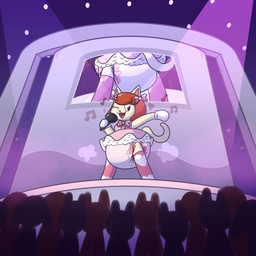 accessory ambiguous_gender anthro big_diaper black_eyes bow_ribbon clothing crowd diaper electronics female fur group hair hair_accessory hair_bow hair_ribbon heart_symbol legwear musical_note musical_symbol one_eye_closed open_mouth poof_effect popstar red_hair ribbons singing spotlight stage stockings symbol television white_body white_fur dummydoodles animal_crossing nintendo felicity_(animal_crossing) ambiguous_species felid mammal 1:1 hi_res