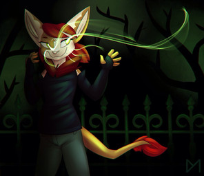 ambiguous_gender anthro biped bottomwear clothing dark denim denim_bottomwear denim_clothing green_eyes jeans magic pants solo standing sweater topwear diaminerre valishad unknown_species source_request