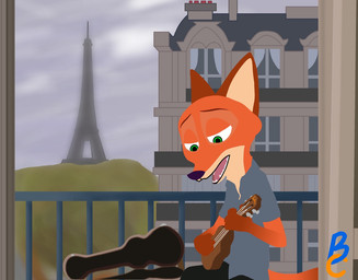 anthro cloud eiffel_tower fur green_eyes guitar_case half-closed_eyes holding_musical_instrument holding_object looking_down lute male musical_instrument narrowed_eyes open_mouth orange_body orange_fur overcast paris plucked_string_instrument purple_nose second_empire_architecture sky solo string_instrument teeth ukulele theblueberrycarrots disney zootopia nick_wilde canid canine fox mammal red_fox true_fox 2017 digital_media_(artwork)