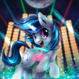 blue_hair cutie_mark female feral glowing glowstick hair horn jewelry lights magic moon multicolored_hair necklace night purple_eyes rave ring smile solo sparkles star two_tone_hair tsitra360 friendship_is_magic hasbro my_little_pony mythology vinyl_scratch_(mlp) equid equine mammal mythological_creature mythological_equine unicorn 1:1 2013
