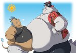 aloha_shirt anthro belly belly_to_belly big_belly blue_hair brown_body brown_fur clothing duo fur hair male overweight overweight_male pattern_clothing pattern_shirt pattern_topwear shirt snort tank_top topwear white_body white_fur pokelai lifewonders tokyo_afterschool_summoners behemoth_(tas) ganglie_(tas) mammal monster suid suina sus_(pig) wild_boar hi_res