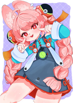 5_fingers ahoge anthro braided_pigtails clothed clothed_anthro clothed_female clothing ear_piercing ear_ring female fingers flat_chested fully_clothed fully_clothed_anthro fully_clothed_female fur hair inner_ear_fluff overall_dress piercing pink_body pink_fur pink_hair red_eyes ring_piercing solo tuft razu_raichi mihoyo zenless_zone_zero zhao_(zenless_zone_zero) lagomorph leporid mammal rabbit thiren 2025 absurd_res hi_res portrait three-quarter_portrait