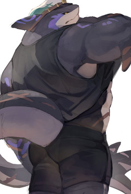 anthro back_muscles biceps black_sclera butt clothing fin hat headgear headwear male muscular muscular_anthro muscular_male sailor_cap shirt solo tank_top topwear yellow_eyes yed xxl_woofia captain_locke_(xxl_woofia) fish marine shark absurd_res hi_res
