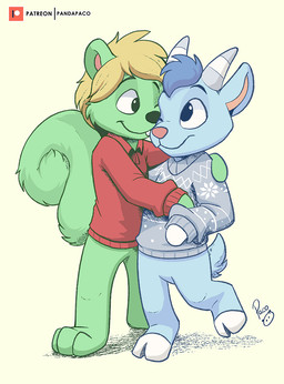anthro blonde_hair blue_body blue_fur blue_hair bottomless closed_smile clothed clothing featureless_crotch fur glistening glistening_eyes green_body green_fur grey_clothing grey_horn grey_sweater grey_topwear hair horn hug logo male mouth_closed red_clothing red_sweater red_topwear short_hair smile solo sweater teeth topwear white_horn young young_anthro young_male pandapaco animal_crossing nintendo sherb_(animal_crossing) sumio_squirrel bovid caprine goat mammal rodent sciurid tree_squirrel artist_logo signature