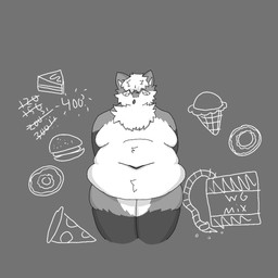 anthro belly belly_overhang belly_rolls big_belly deep_navel dessert doughnut embarrassed feederism food fur fur_tuft huge_belly ice_cream looking_down male moobs navel number obese obese_male overweight overweight_male pastry pizza simple_background solo text thick_thighs tuft weight_gain meteora_fluffyz novabeast 1:1 english_text monochrome