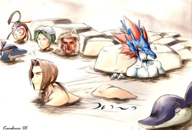 bathing brown_hair butt clothing green_hair group hair kerchief male mask scar spa karabiner mythology nintendo onmyou_taisenki pokemon kibachiyo_(onmyou_taisenki) magahoshi_(onmyou_taisenki) masaomi_ogami_(onmyou_taisenki) sanemaro_(onmyou_taisenki) taizan_(onmyou_taisenki) tankamui_(onmyou_taisenki) aquatic cetacean cyndaquil dolphin dragon fish generation_2_pokemon haplorhine human japanese_macaque macaque mammal monkey mythological_creature mythological_scalie oceanic_dolphin old_world_monkey pokemon_(species) primate scalie shark toothed_whale unknown_species 2005