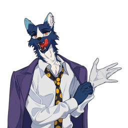5_fingers anthro biped bottomwear clothed clothed_anthro clothed_male clothing countershade_torso countershading ear_piercing fingers front_view fully_clothed fully_clothed_anthro fully_clothed_male fur gloves handwear inner_ear_fluff looking_at_viewer male piercing shirt simple_background solo teeth tongue topwear tuft nulia luzenith_lawchi canid canine dire_wolf mammal prehistoric_species 1:1 2026 digital_drawing_(artwork) digital_media_(artwork) hi_res