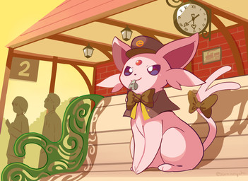 :3 accessory ambiguous_gender bench black_eyes bow_ribbon cheek_tuft clock clothed clothed_ambiguous clothed_feral clothing detailed_background facial_tuft feral forked_tail fur furgonomics glistening glistening_eyes happy hat headgear headwear park_bench pink_body pink_fur public quadruped sitting solo tail tail_accessory tuft unusual_anatomy unusual_tail komanyachi nintendo pokemon eeveelution espeon generation_2_pokemon pokemon_(species) 2025 absurd_res hi_res