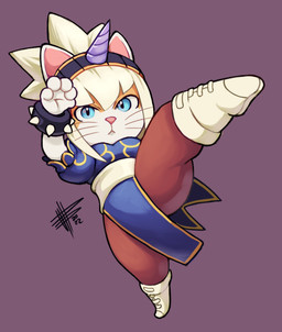 5_fingers >:< accessory anthro asian_clothing bangs biped blue_clothing blue_eyes blue_topwear blush bottomwear bracelet breasts brown_bottomwear brown_clothing brown_legwear brown_pants brown_tights chinese_clothing chinese_dress clothed clothed_anthro clothed_female clothing cosplay crossover_cosplay dress east_asian_clothing fake_horns female female_anthro fighting_pose fingers footwear glistening glistening_eyes hair headband jewelry kirin_armor legwear looking_at_viewer mouth_closed multicolored_body on_one_leg one_leg_up orange_body pants pink_inner_ear pink_nose pose pupils purple_background raised_leg shoes simple_background solo standing thick_thighs tights topwear two_tone_body whiskers white_body white_clothing white_footwear white_hair white_inner_ear white_sclera white_shoes mateus_upd capcom monster_hunter street_fighter chun-li domestic_cat felid feline felis felyne lynian mammal palico 2022 cel_shading crossover digital_drawing_(artwork) digital_media_(artwork) full-length_portrait portrait shaded signature